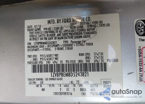 2013 Ford Mustang V6 Premium z USA, uszkodzony, nr VIN 1ZVBP8EM8D5243821